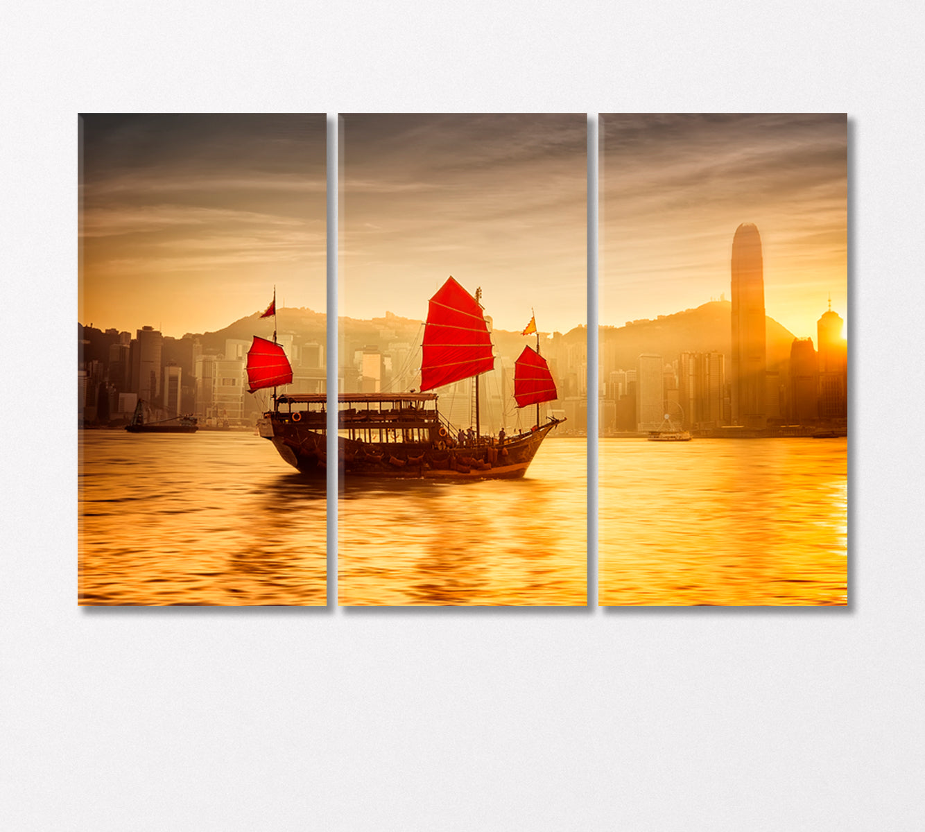 Sunset in Hong Kong Skyline with Sailing Boat in Victoria Harbor Canvas Print-Canvas Print-CetArt-3 Panels-36x24 inches-CetArt