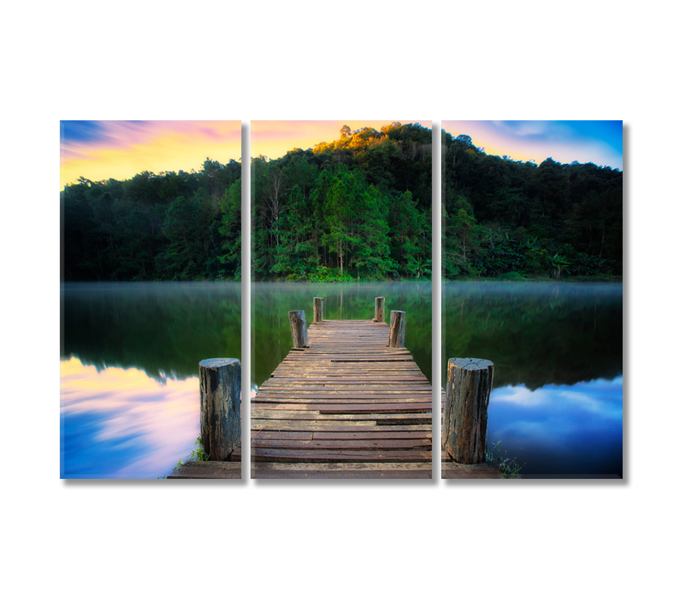 Wooden Pier on River in Pang Ung Park Thailand Canvas Print-Canvas Print-CetArt-3 Panels-36x24 inches-CetArt