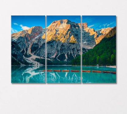 Alpine Landscape with Wooden Boats on Lake Braies Canvas Print-Canvas Print-CetArt-3 Panels-36x24 inches-CetArt