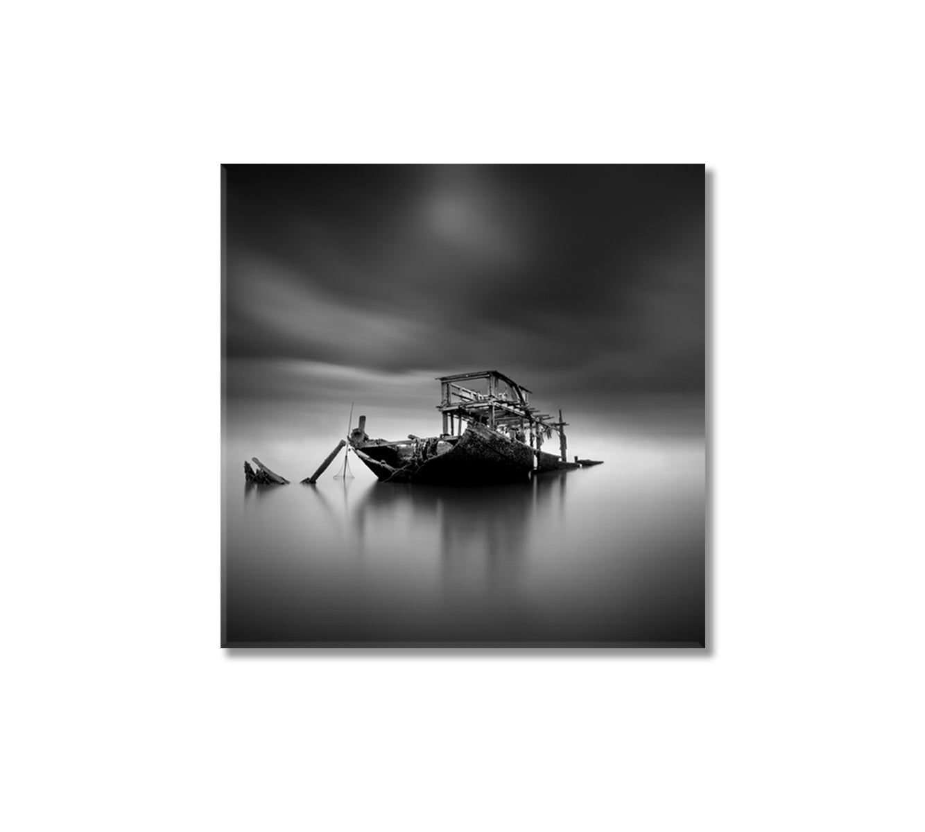 Sunken Boat at Sea in Black and White Canvas Print-Canvas Print-CetArt-1 panel-12x12 inches-CetArt