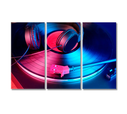 Black Headphones on Vinyl Record Canvas Print-Canvas Print-CetArt-3 Panels-36x24 inches-CetArt