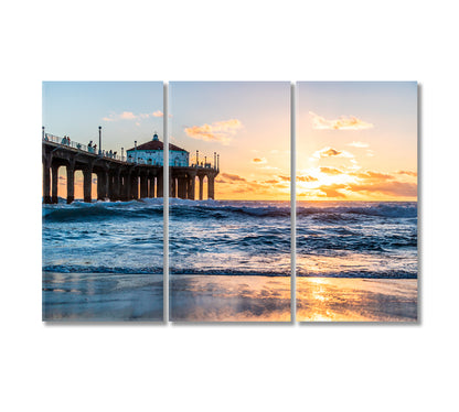 Sunset Behind Manhattan Beach Pier California Canvas Print-Canvas Print-CetArt-3 Panels-36x24 inches-CetArt