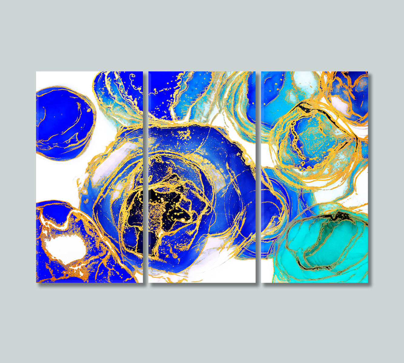 Abstract Alcohol Ink Blue and Gold Swirls Modern Art Canvas Print-Canvas Print-CetArt-3 Panels-36x24 inches-CetArt