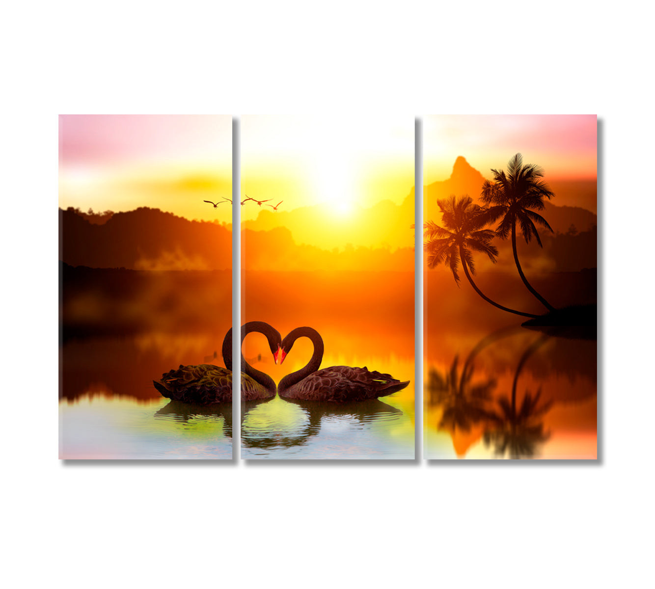 Pair of Black Swans in Heart Shape Canvas Print-Canvas Print-CetArt-3 Panels-36x24 inches-CetArt