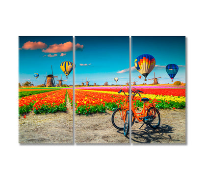 Hot Air Balloons over Tulip Fields Kinderdijk Netherlands Canvas Print-Canvas Print-CetArt-3 Panels-36x24 inches-CetArt