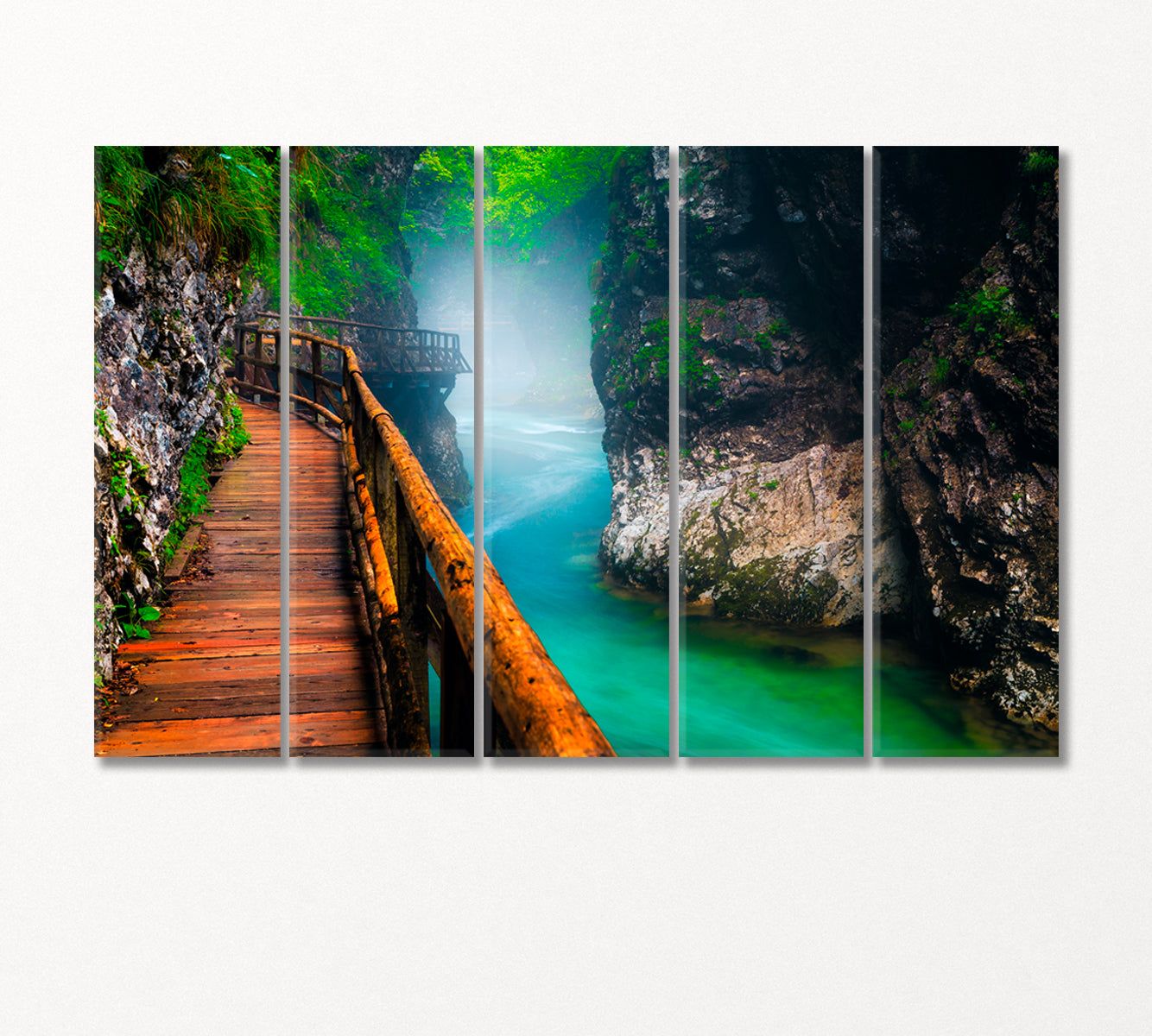 Narrow Foggy Vintgar Gorge with Wooden Footbridge Slovenia Canvas Print-Canvas Print-CetArt-5 Panels-36x24 inches-CetArt