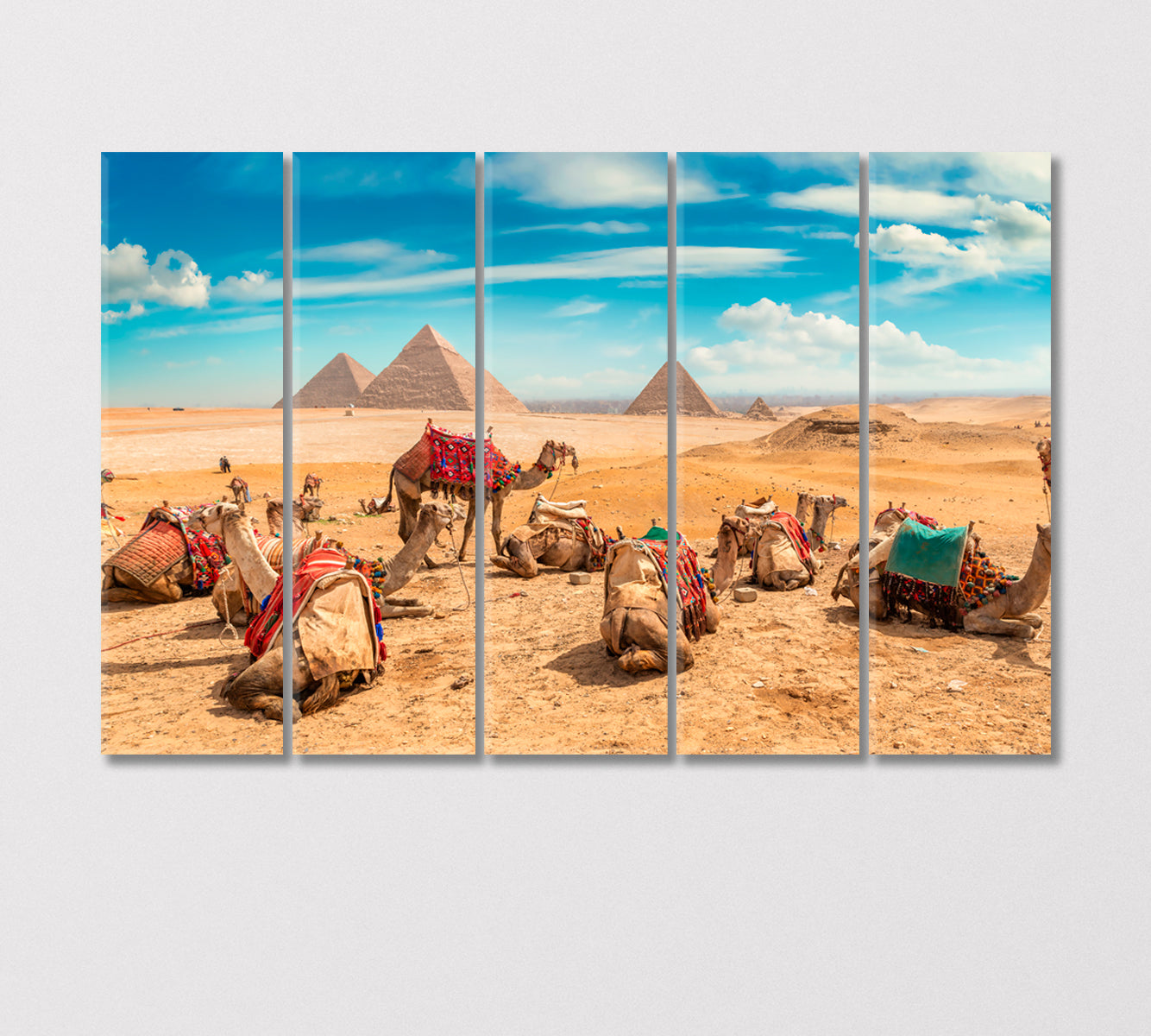 Camels in Sandy Desert near Egyptian Pyramids Canvas Print-Canvas Print-CetArt-5 Panels-36x24 inches-CetArt