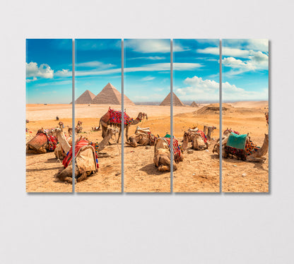 Camels in Sandy Desert near Egyptian Pyramids Canvas Print-Canvas Print-CetArt-5 Panels-36x24 inches-CetArt