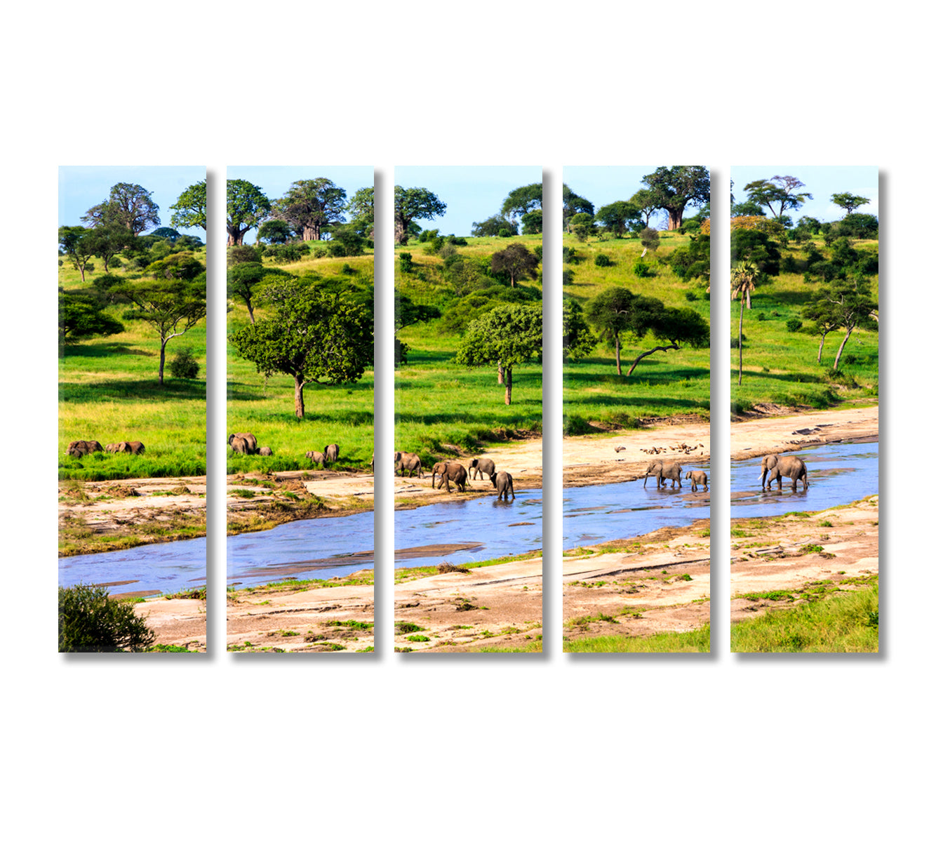 Elephants Cross River in Serengeti National Park Tanzania Africa Canvas Print-Canvas Print-CetArt-5 Panels-36x24 inches-CetArt