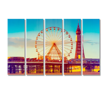 Effect Blackpool Tower and Central Pier Ferris Wheel UK Canvas Print-Canvas Print-CetArt-5 Panels-36x24 inches-CetArt