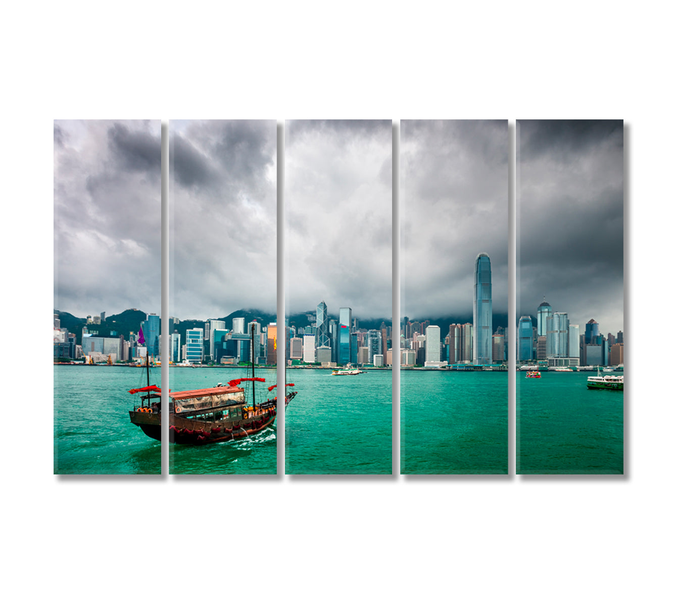 Hong Kong Cityscape with Boats in River Canvas Print-Canvas Print-CetArt-5 Panels-36x24 inches-CetArt