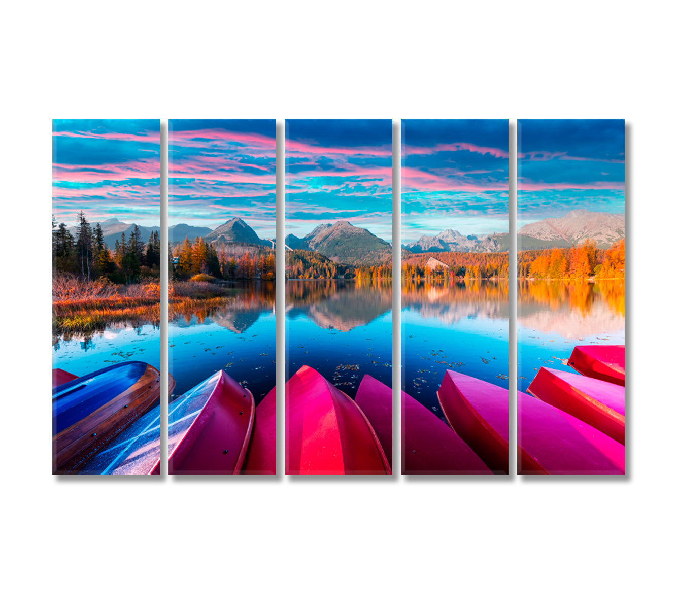 Red Wooden Boats at Lake Strbske Pleso in High Tatras National Park Slovakia Canvas Print-Canvas Print-CetArt-5 Panels-36x24 inches-CetArt