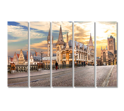 Medieval Ghent over Sunset Belgium Canvas Print-Canvas Print-CetArt-5 Panels-36x24 inches-CetArt