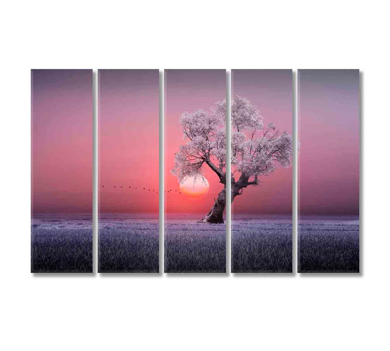 Lonely Tree at Beautiful Sunset Canvas Print-Canvas Print-CetArt-5 Panels-36x24 inches-CetArt