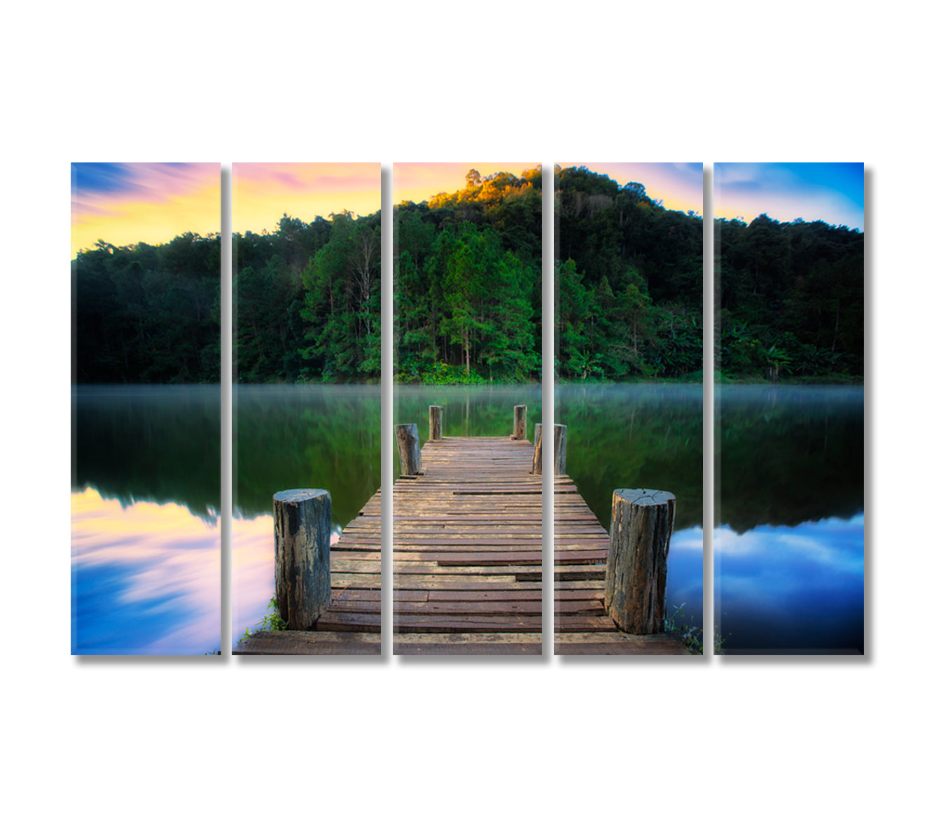 Wooden Pier on River in Pang Ung Park Thailand Canvas Print-Canvas Print-CetArt-5 Panels-36x24 inches-CetArt