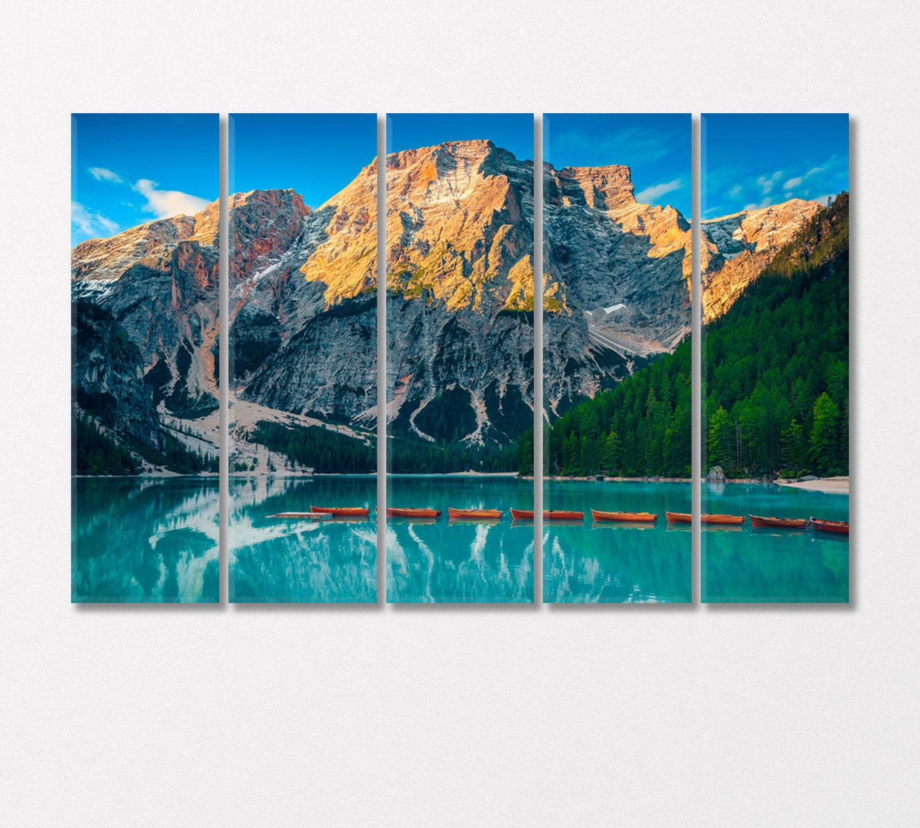 Alpine Landscape with Wooden Boats on Lake Braies Canvas Print-Canvas Print-CetArt-5 Panels-36x24 inches-CetArt