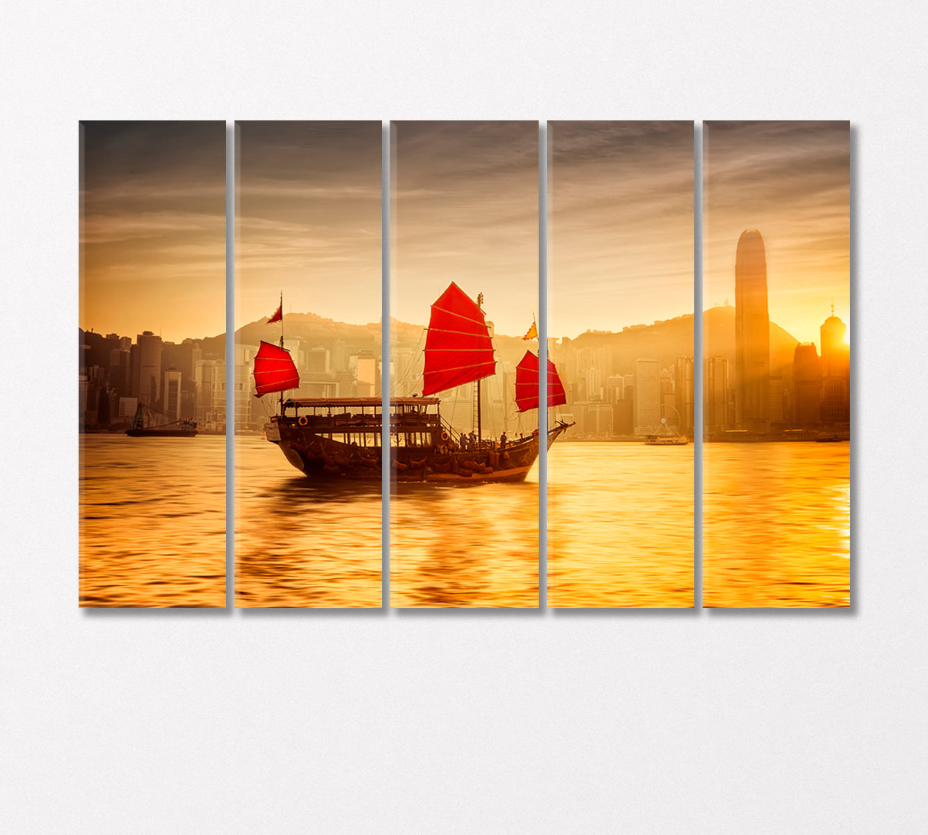 Sunset in Hong Kong Skyline with Sailing Boat in Victoria Harbor Canvas Print-Canvas Print-CetArt-5 Panels-36x24 inches-CetArt