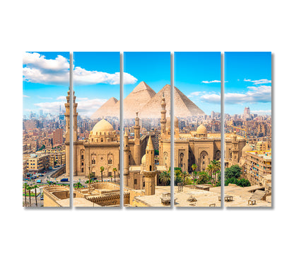 Mosque Sultan Hassan in Cairo and Pyramids Canvas Print-Canvas Print-CetArt-5 Panels-36x24 inches-CetArt