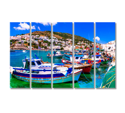 Fishing Village with Boats Leros Island Dodecanese Greece Canvas Print-Canvas Print-CetArt-5 Panels-36x24 inches-CetArt