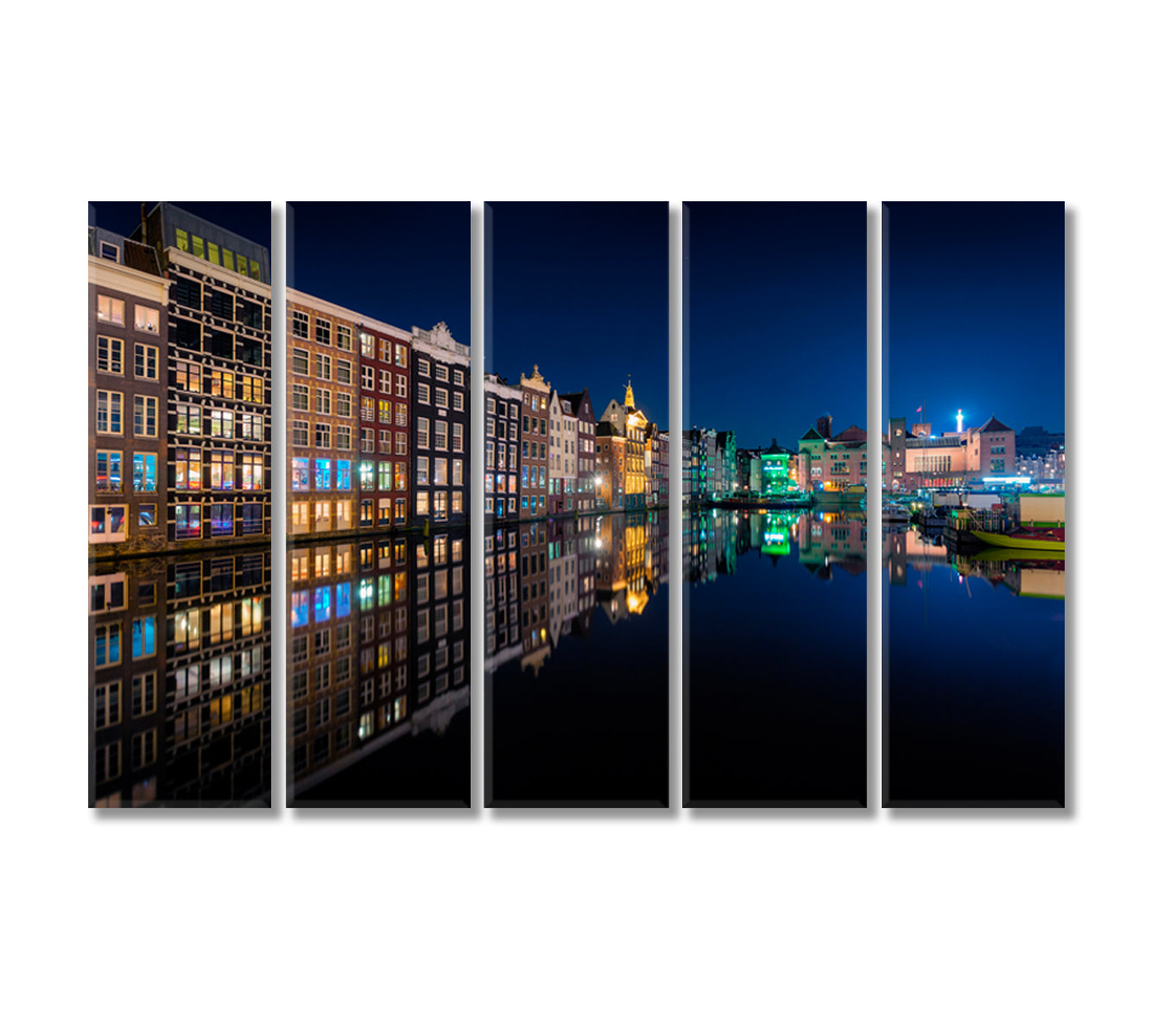 Beautiful Traditional Old Houses in Amsterdam at Night Canvas Print-Canvas Print-CetArt-5 Panels-36x24 inches-CetArt