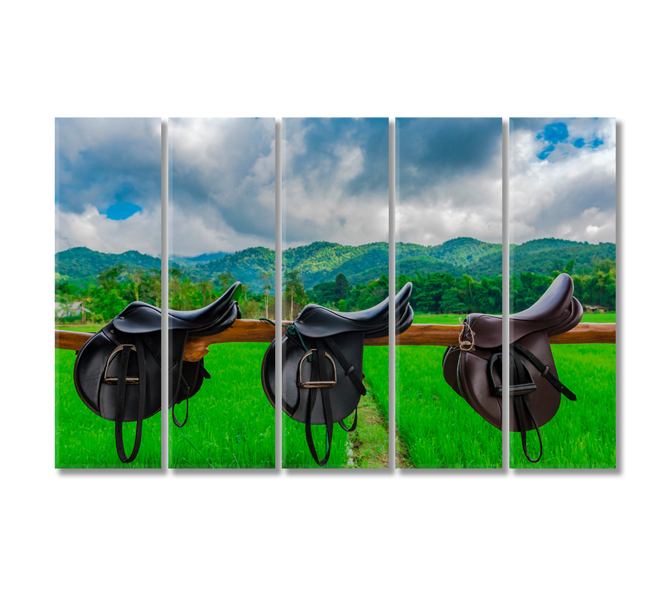 Saddle in Horse Farm with Mountain Landscape Canvas Print-Canvas Print-CetArt-5 Panels-36x24 inches-CetArt