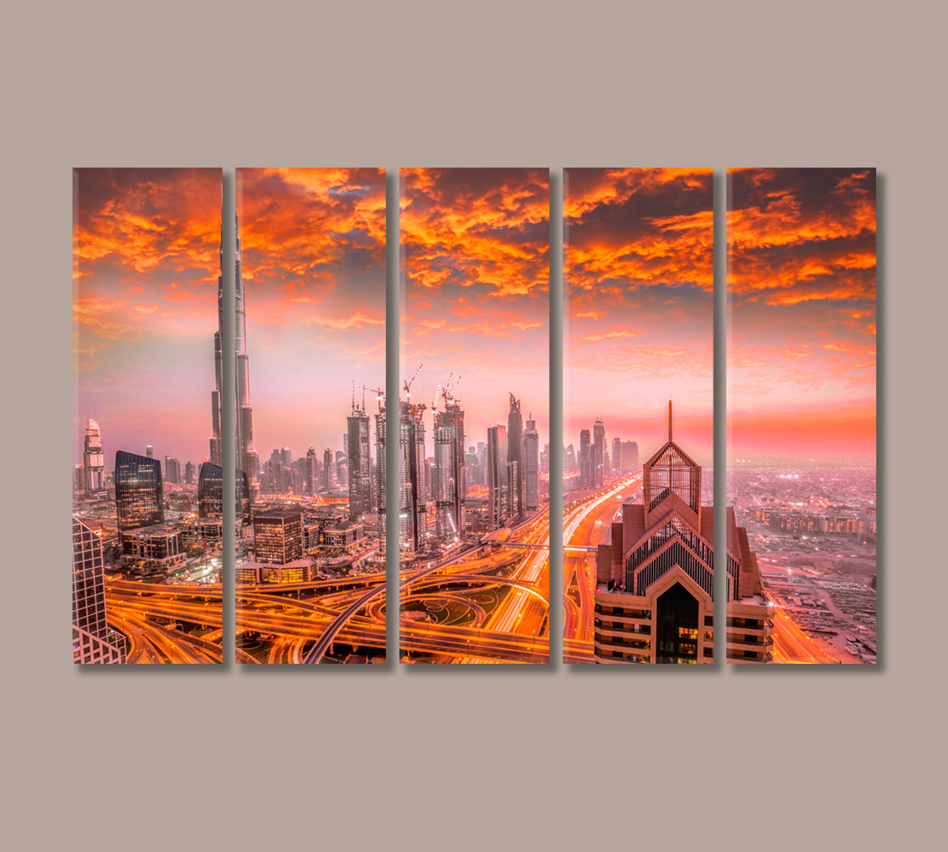 Dubai Cityscape with Modern Architecture at Sunset Canvas Print-Canvas Print-CetArt-5 Panels-36x24 inches-CetArt