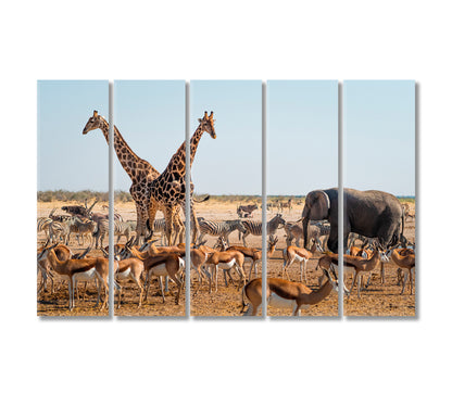 Wild Animals Around Waterhole in Etosha National Park Namibia Africa Canvas Print-Canvas Print-CetArt-5 Panels-36x24 inches-CetArt