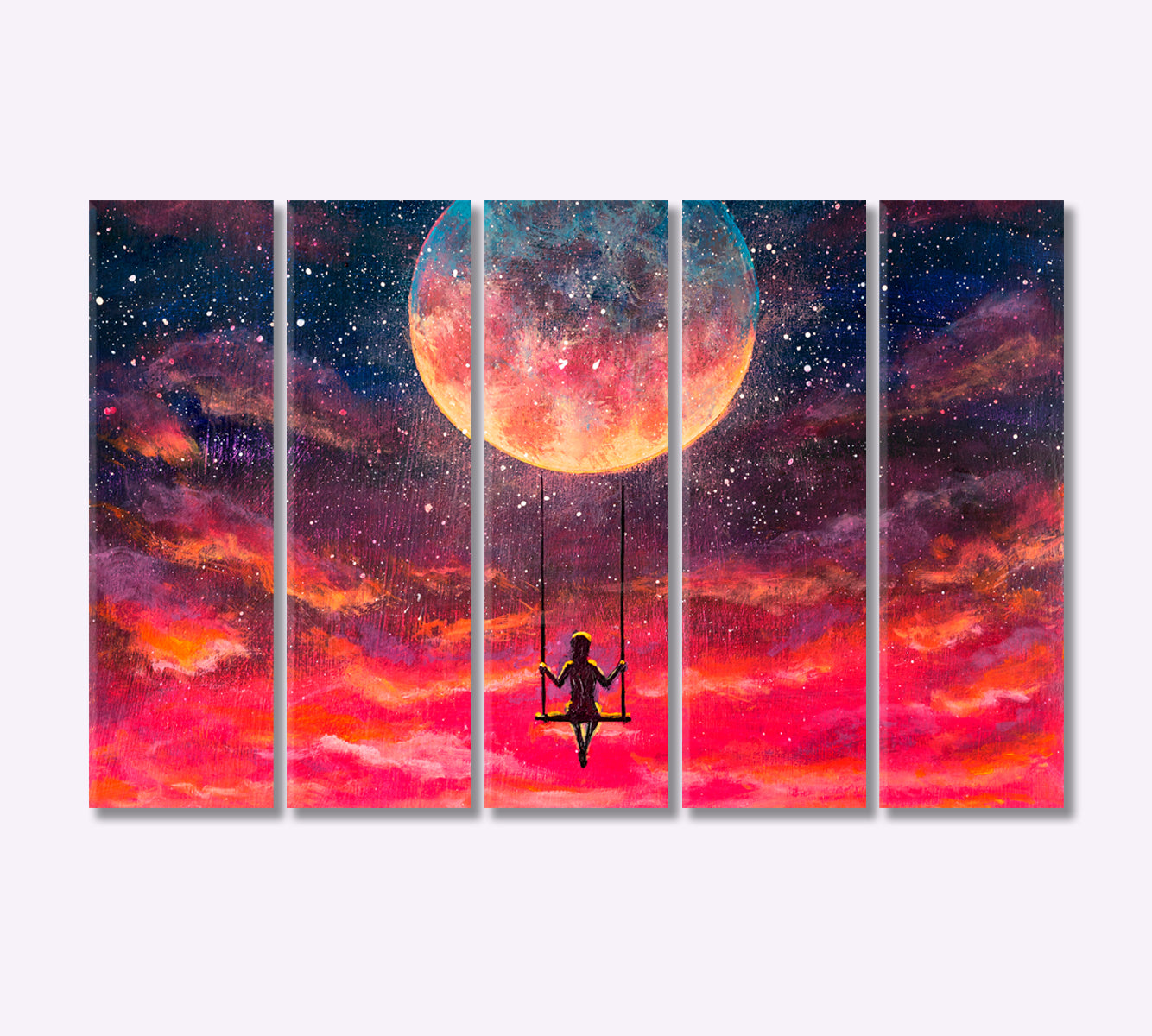 Girl Rides on Swing on the Moon Fantasy Art Canvas Print-Canvas Print-CetArt-5 Panels-36x24 inches-CetArt