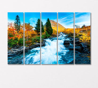 Autumn Landscape with Yellow Trees and Waterfall Canvas Print-Canvas Print-CetArt-5 Panels-36x24 inches-CetArt