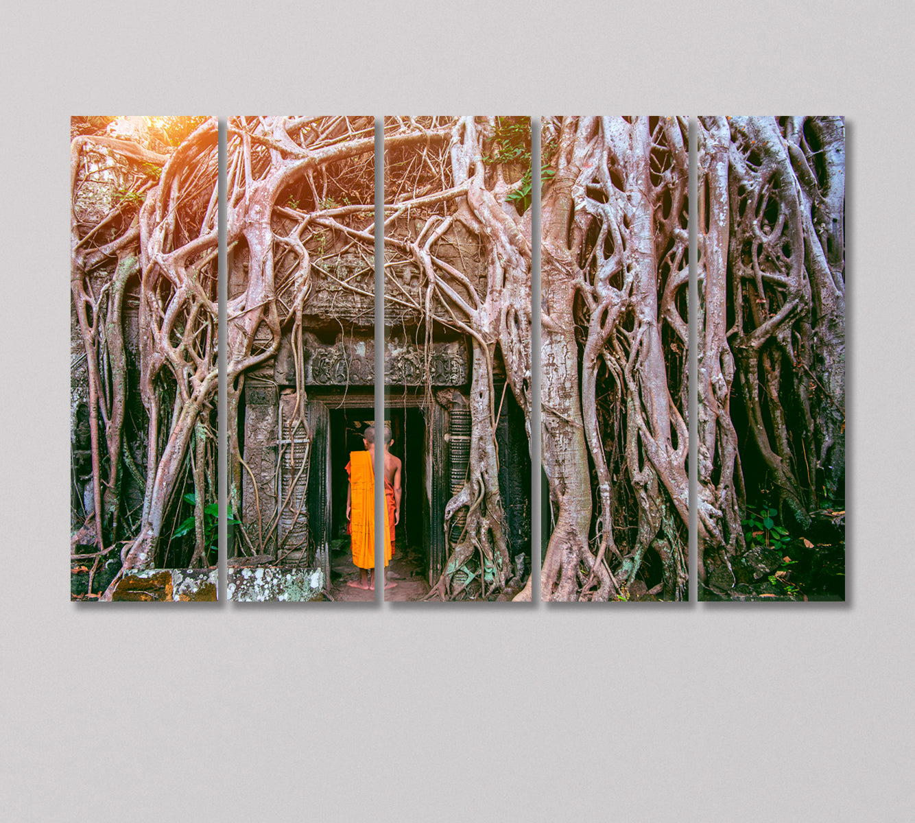 Monk Enters Ta Prohm Temple Cambodia Canvas Print-Canvas Print-CetArt-5 Panels-36x24 inches-CetArt