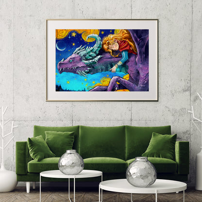 Girl on Dragon Poster Print Modern Wall Art-Horizontal Posters NOT FRAMED-CetArt-10″x8″ inches-CetArt