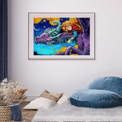 Girl on Dragon Poster Print Modern Wall Art-Horizontal Posters NOT FRAMED-CetArt-10″x8″ inches-CetArt