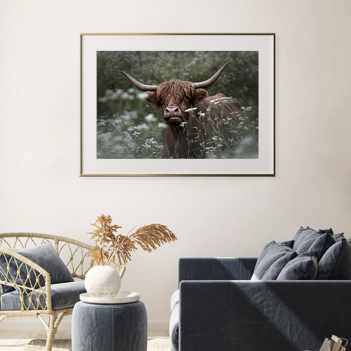 Highland Cattle Cow in Green Flowers Field Posters For Wall Decor-Horizontal Posters NOT FRAMED-CetArt-10″x8″ inches-CetArt