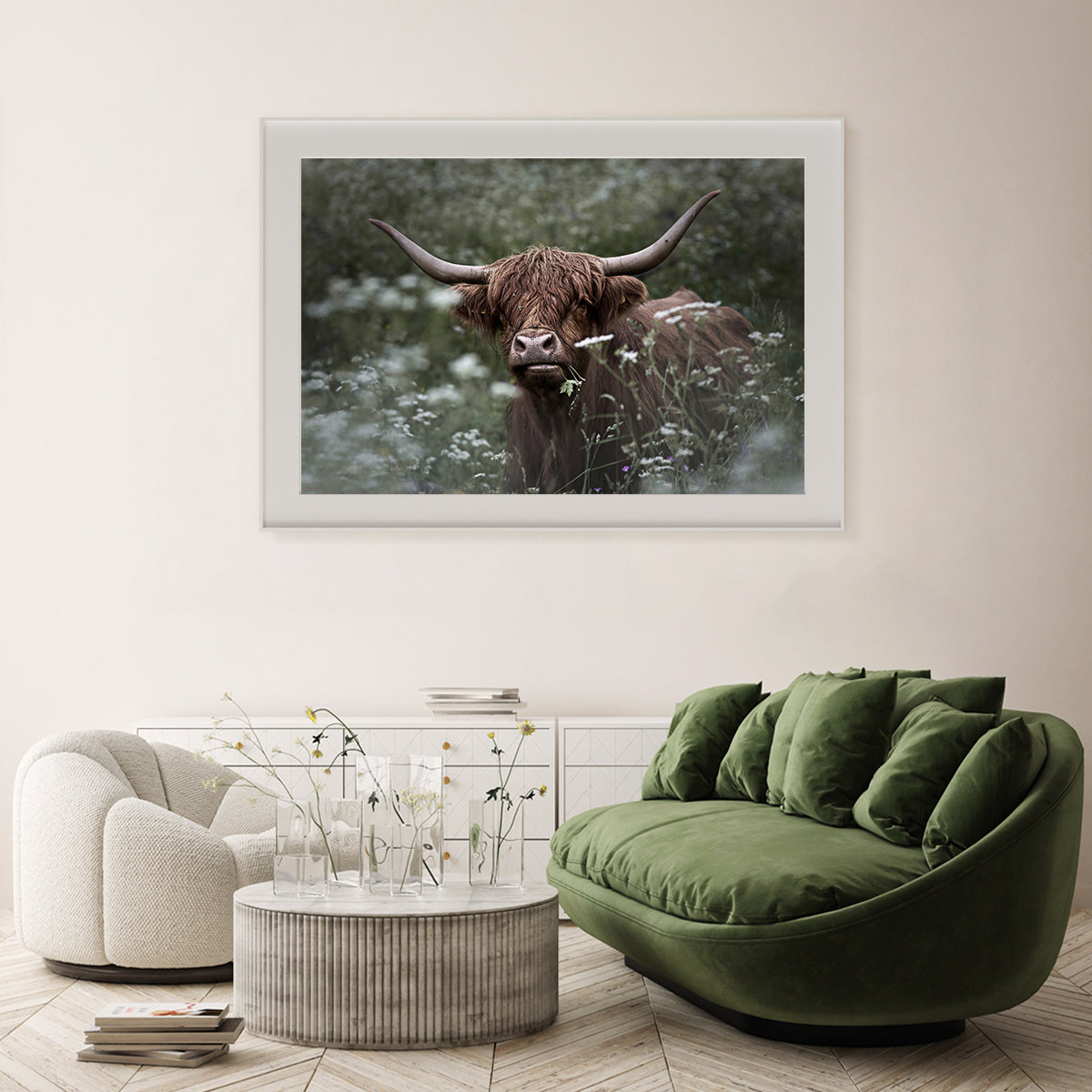 Highland Cattle Cow in Green Flowers Field Posters For Wall Decor-Horizontal Posters NOT FRAMED-CetArt-10″x8″ inches-CetArt