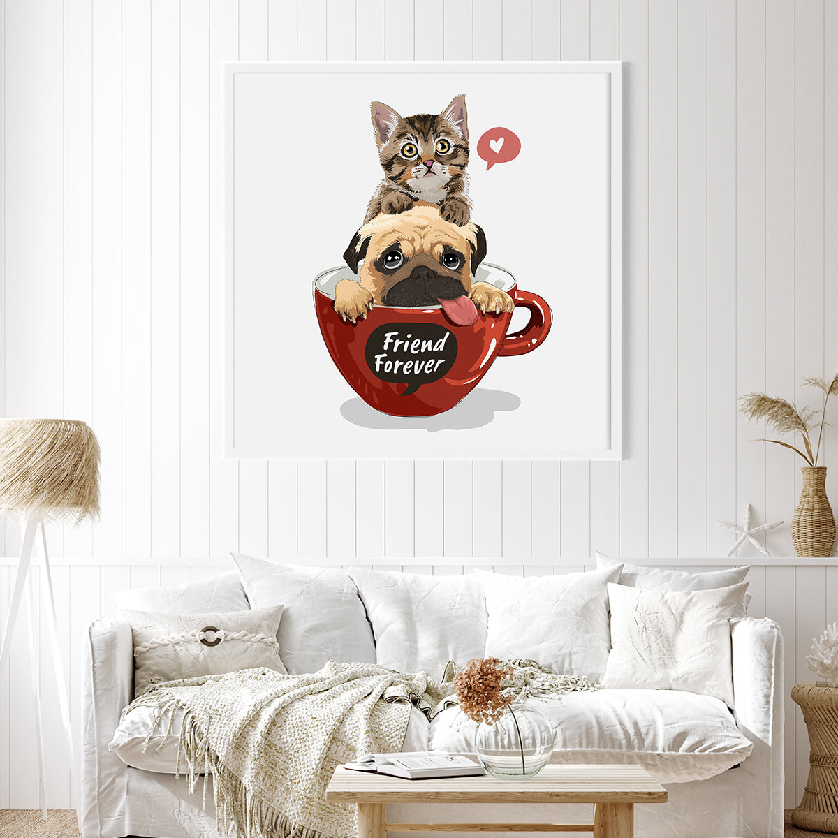 Dog with Kitten in Red Coffee Cup Posters For Wall Decor-Square Posters NOT FRAMED-CetArt-8″x8″ inches-CetArt