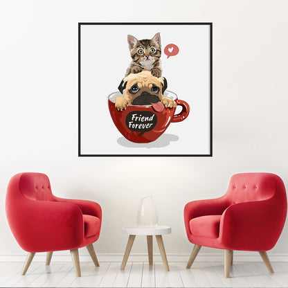 Dog with Kitten in Red Coffee Cup Posters For Wall Decor-Square Posters NOT FRAMED-CetArt-8″x8″ inches-CetArt