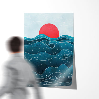 Red Sun in Blue Sea Waves Posters Wall Art Decor Japanese Style-Vertical Posters NOT FRAMED-CetArt-8″x10″ inches-CetArt